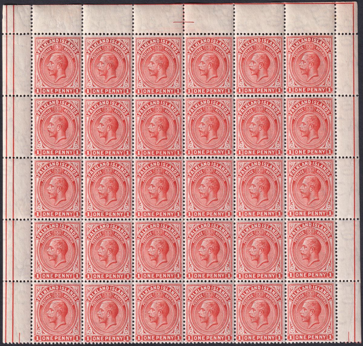 Falkland Islands 1912 KGV 1d Orange-Red Part Sheet of 30 Mint SG61 cat £150
