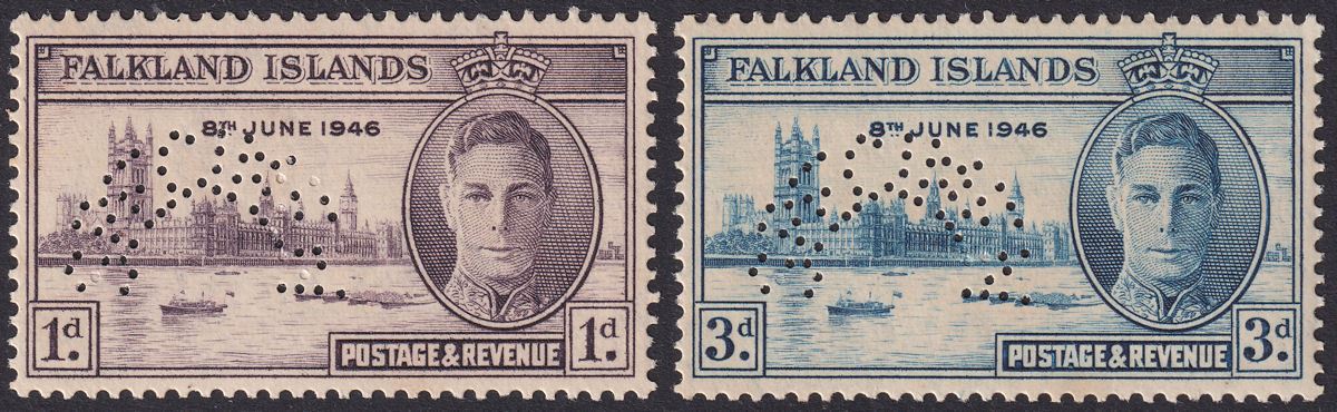 Falkland Islands 1946 KGVI SPECIMEN Perf Victory Pair Mint SG164s-165s c£425 TNS