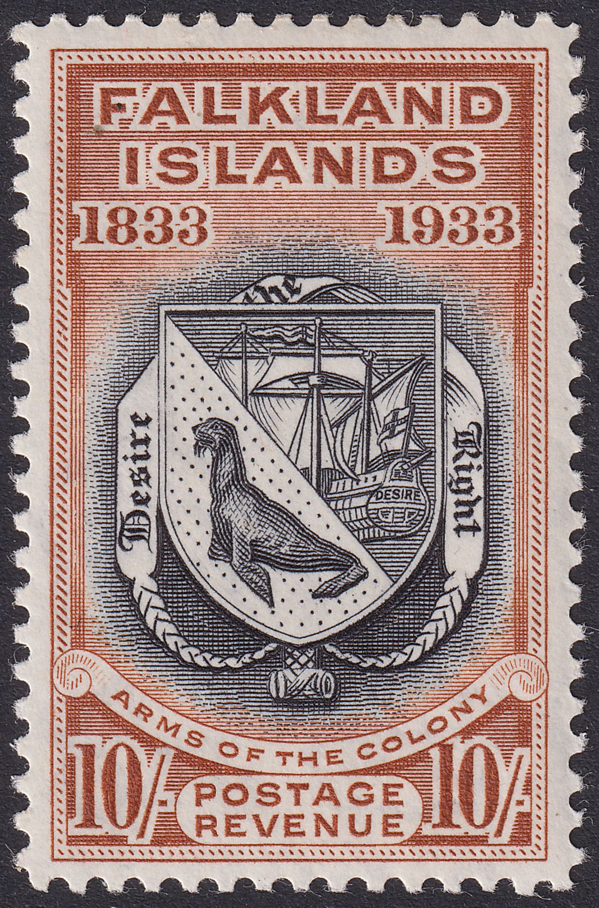 Falkland Islands 1933 KGV Centenary 10sh Black and Chestnut Mint SG137 cat £900