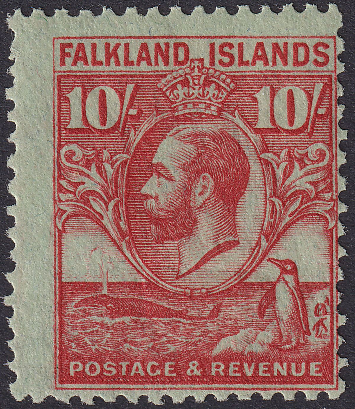 Falkland Islands 1929 KGV Whale + Penguins 10sh Carm on Emerald Mint SG125 c£250