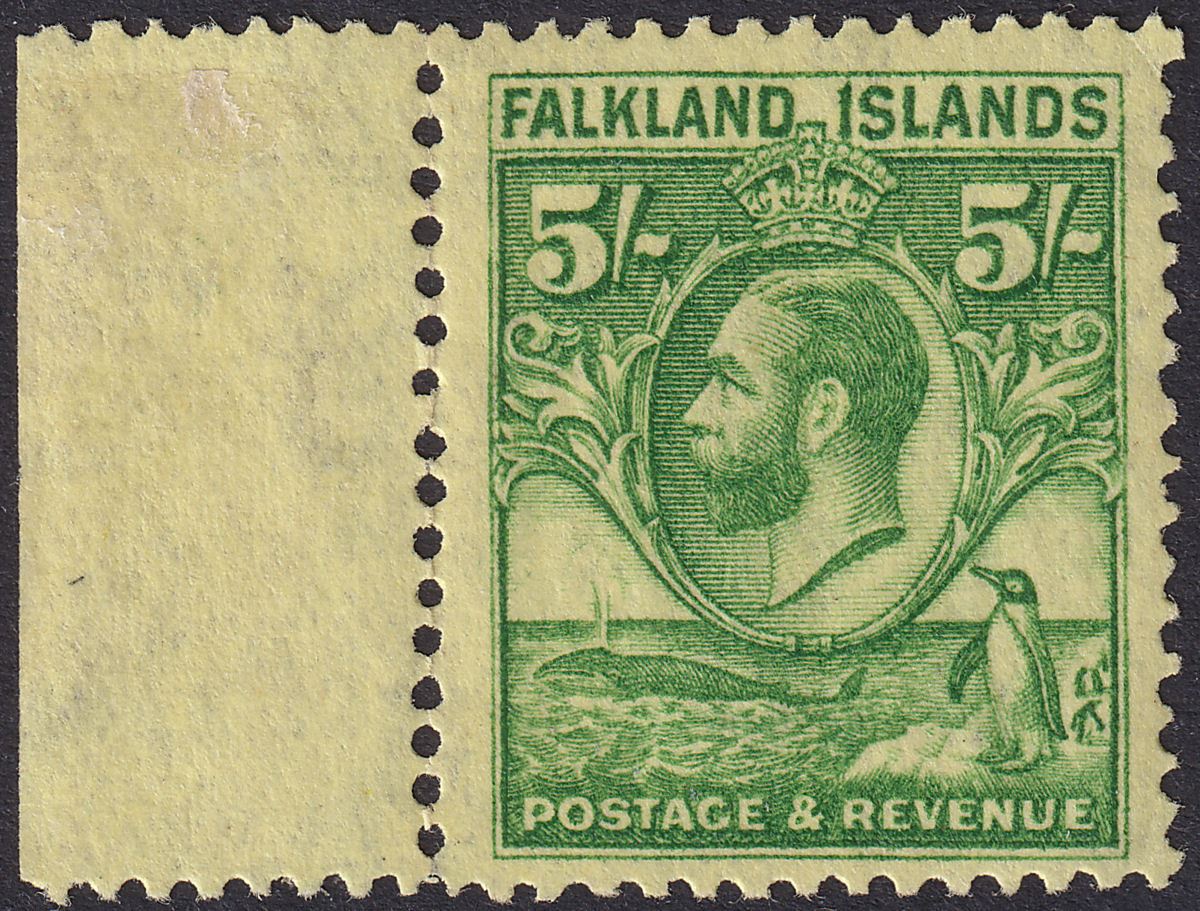 Falkland Islands 1929 KGV Whale + Penguins 5sh Green on Yellow Mint SG124 c£100
