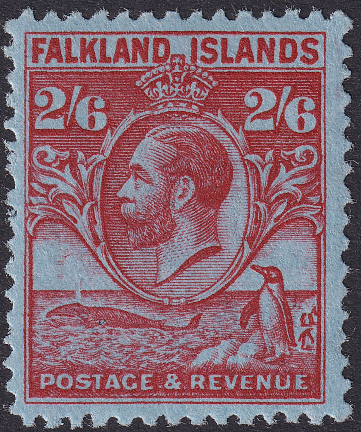 Falkland Islands 1929 KGV Whale + Penguins 2sh6d Carmine on Blue Mint SG123 c£75