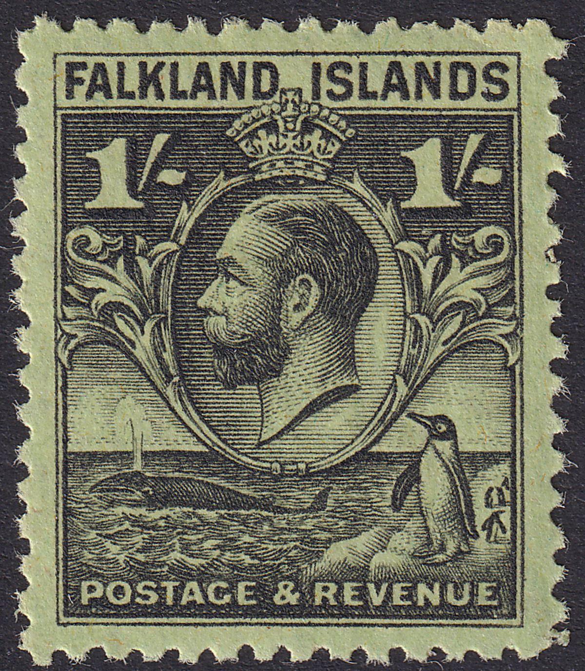 Falkland Islands 1936 KGV Whale + Penguins 1sh Blk on Brt Emerald UM Mint SG122a