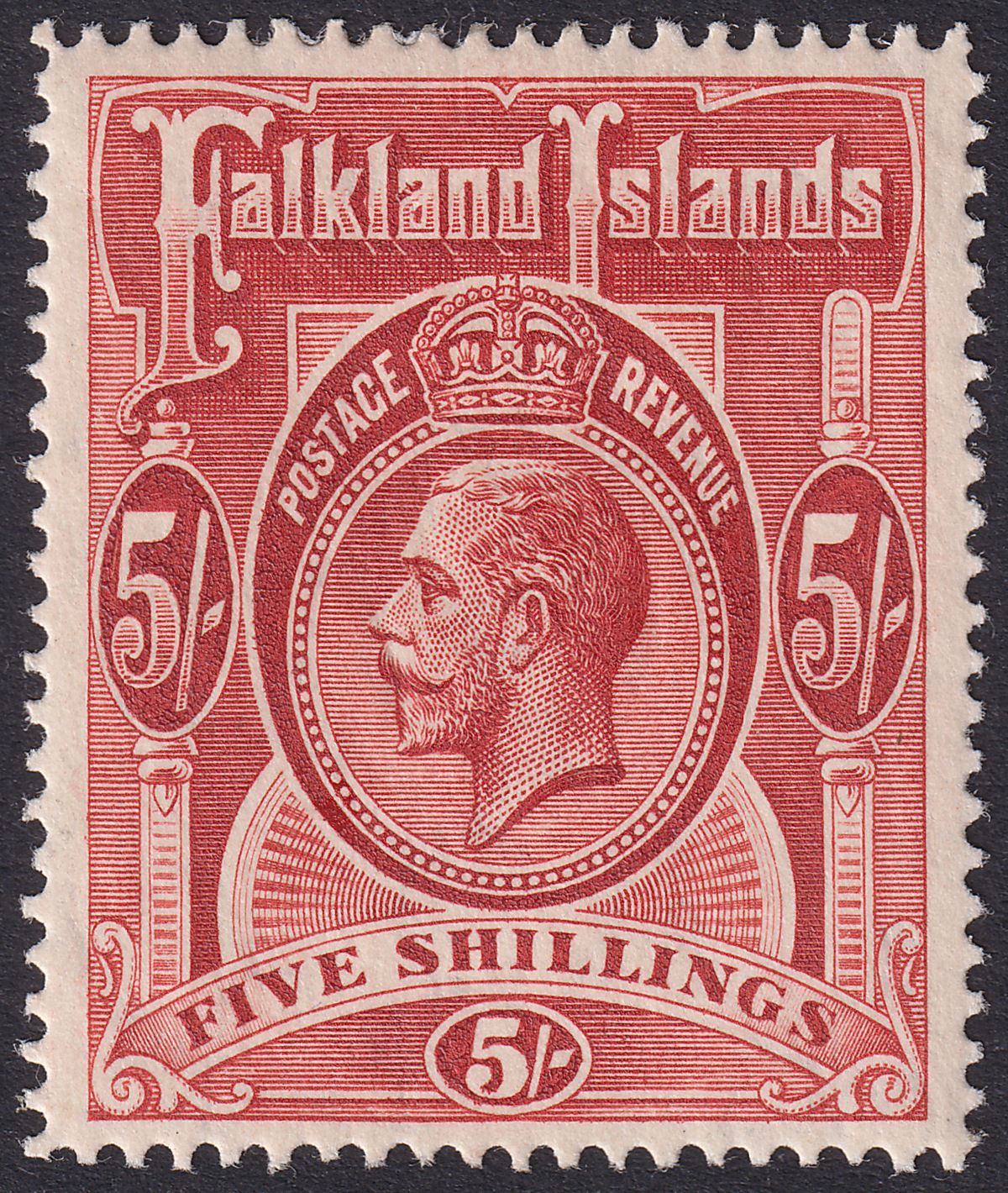 Falkland Islands 1912 KGV 5sh Deep Rose-Red Mint SG67 cat £130