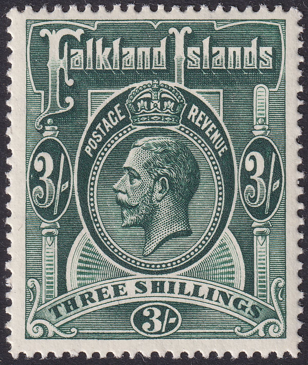 Falkland Islands 1912 KGV 3sh Slate-Green Mint SG66 cat £100