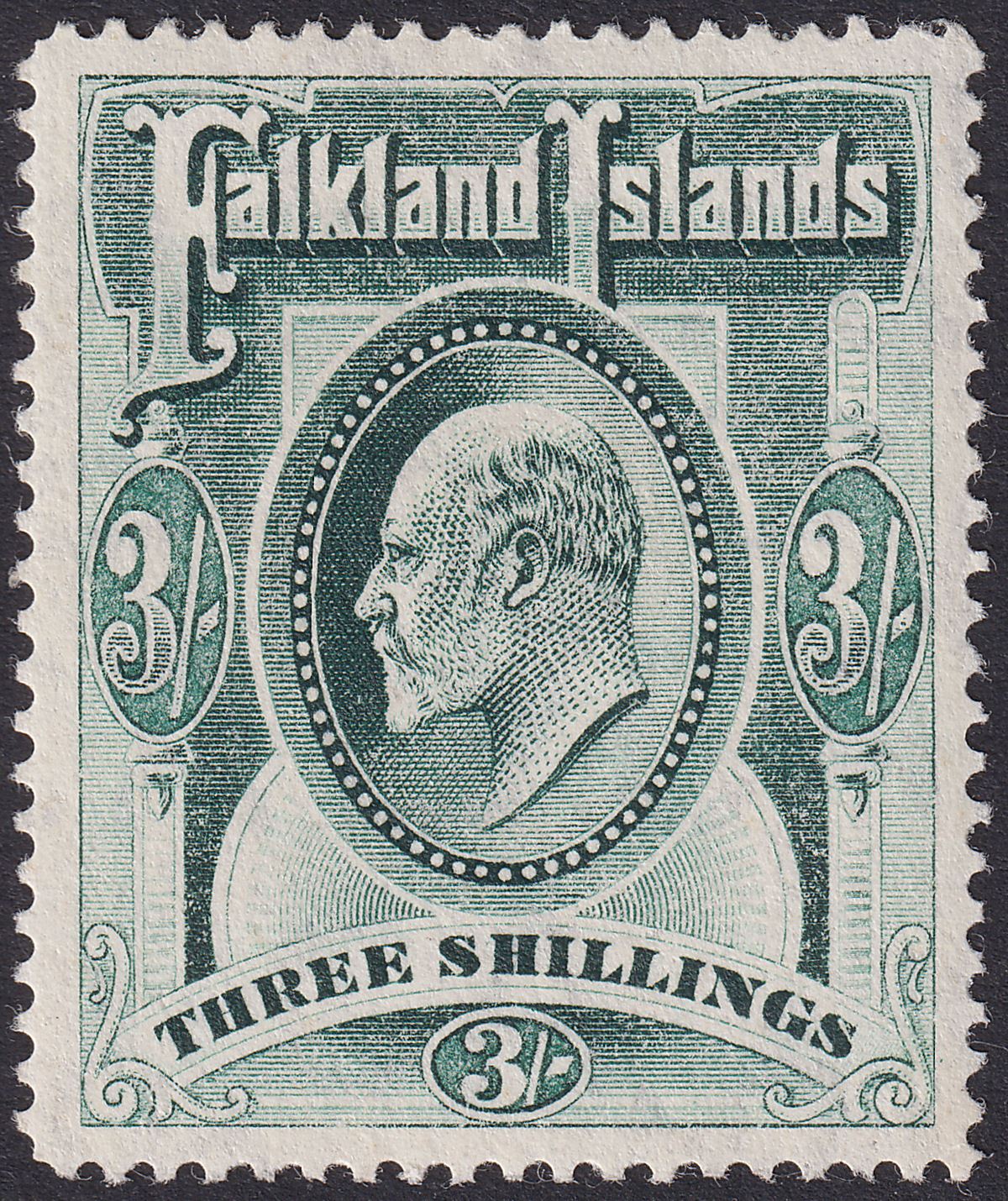Falkland Islands 1904 KEVII 3sh Green Mint SG49 cat £190