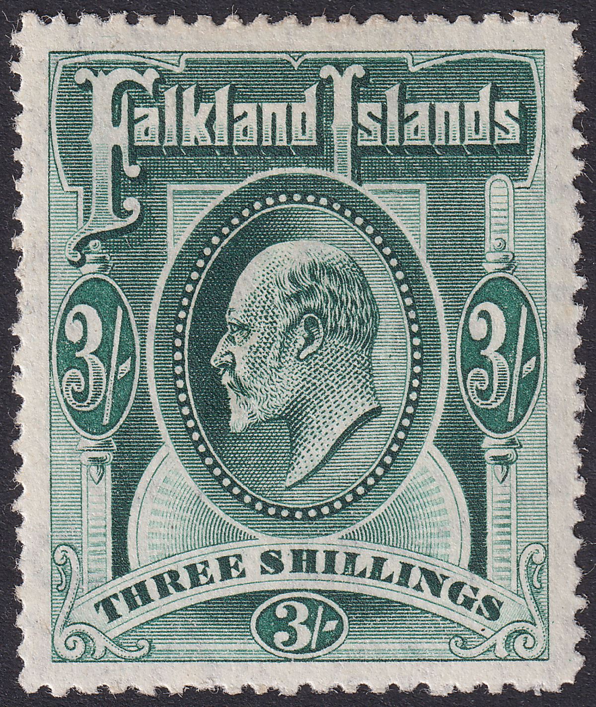 Falkland Islands 1907 KEVII 3sh Deep Green Mint SG49b cat £160