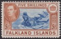 Click for more photos and details Falkland Islands 1949 KGVI 5sh Dull Blue and Yellow-Brown Mint SG161c cat £120