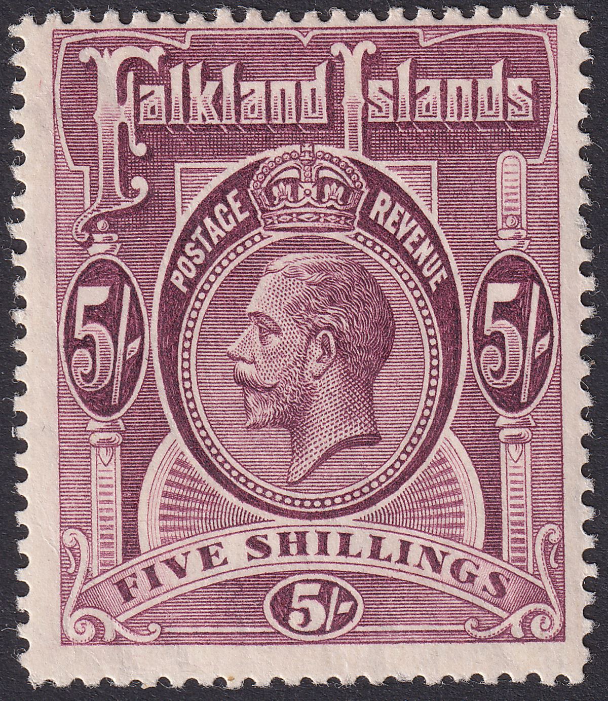 Falkland Islands 1914 KGV 5sh Reddish Maroon Mint SG67a cat £350