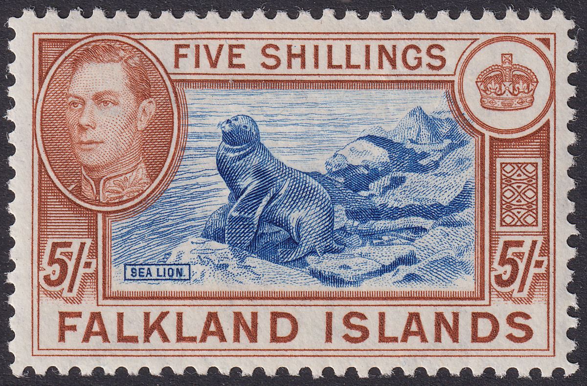 Falkland Islands 1950 KGVI 5sh Steel Blue and Brown-Buff Mint SG161d cat £425