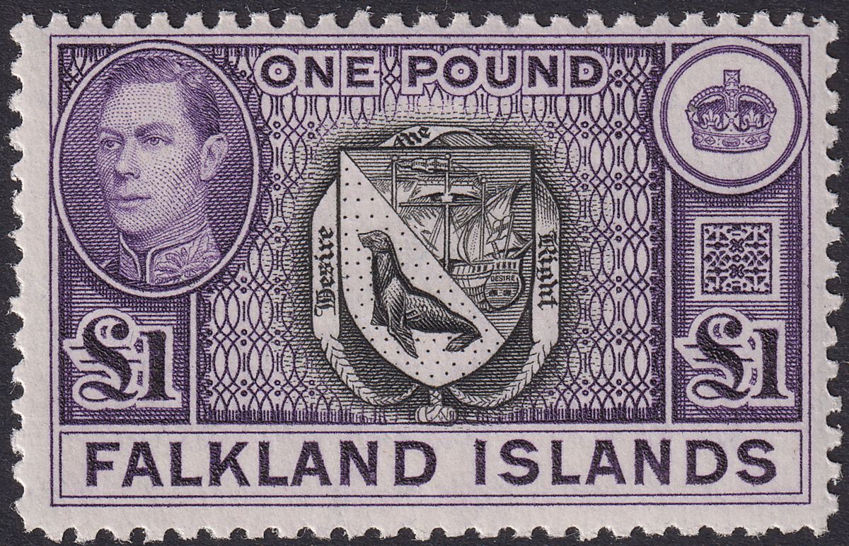 Falkland Islands 1944 KGVI £1 Grey-Black and Bluish Violet Mint SG163 cat £140