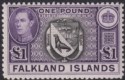 Falkland Islands 1944 KGVI £1 Grey-Black and Bluish Violet Mint SG163 cat £140
