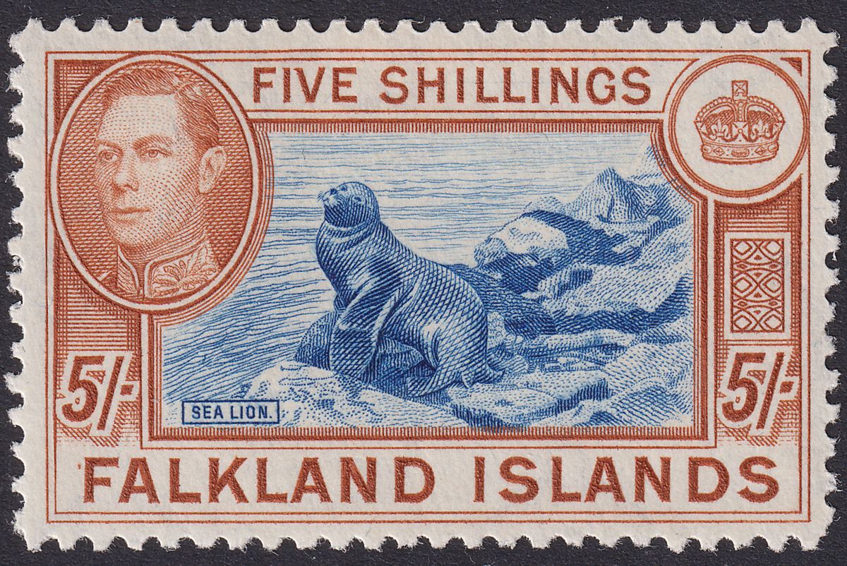 Falkland Islands 1949 KGVI 5sh Dull Blue and Yellow-Brown Mint SG161c cat £140