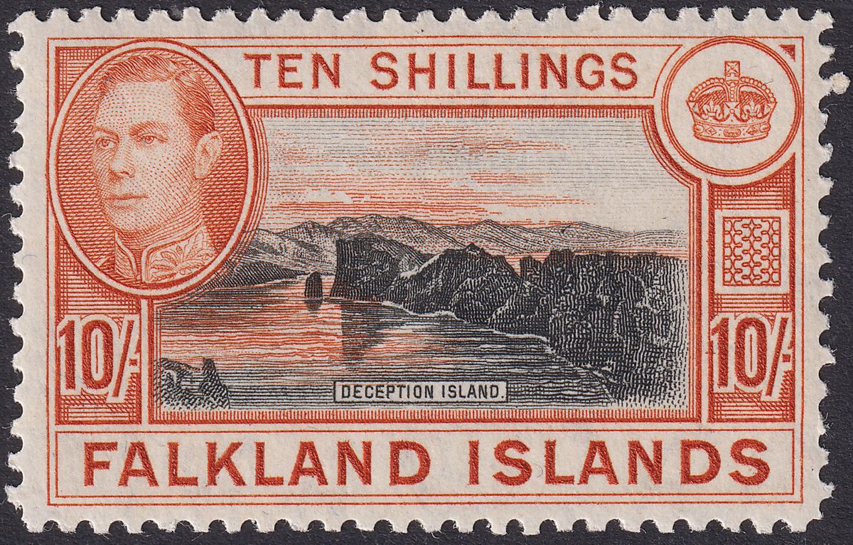 Falkland Islands 1949 KGVI 10sh Black and Red-Orange Mint SG162b cat £140