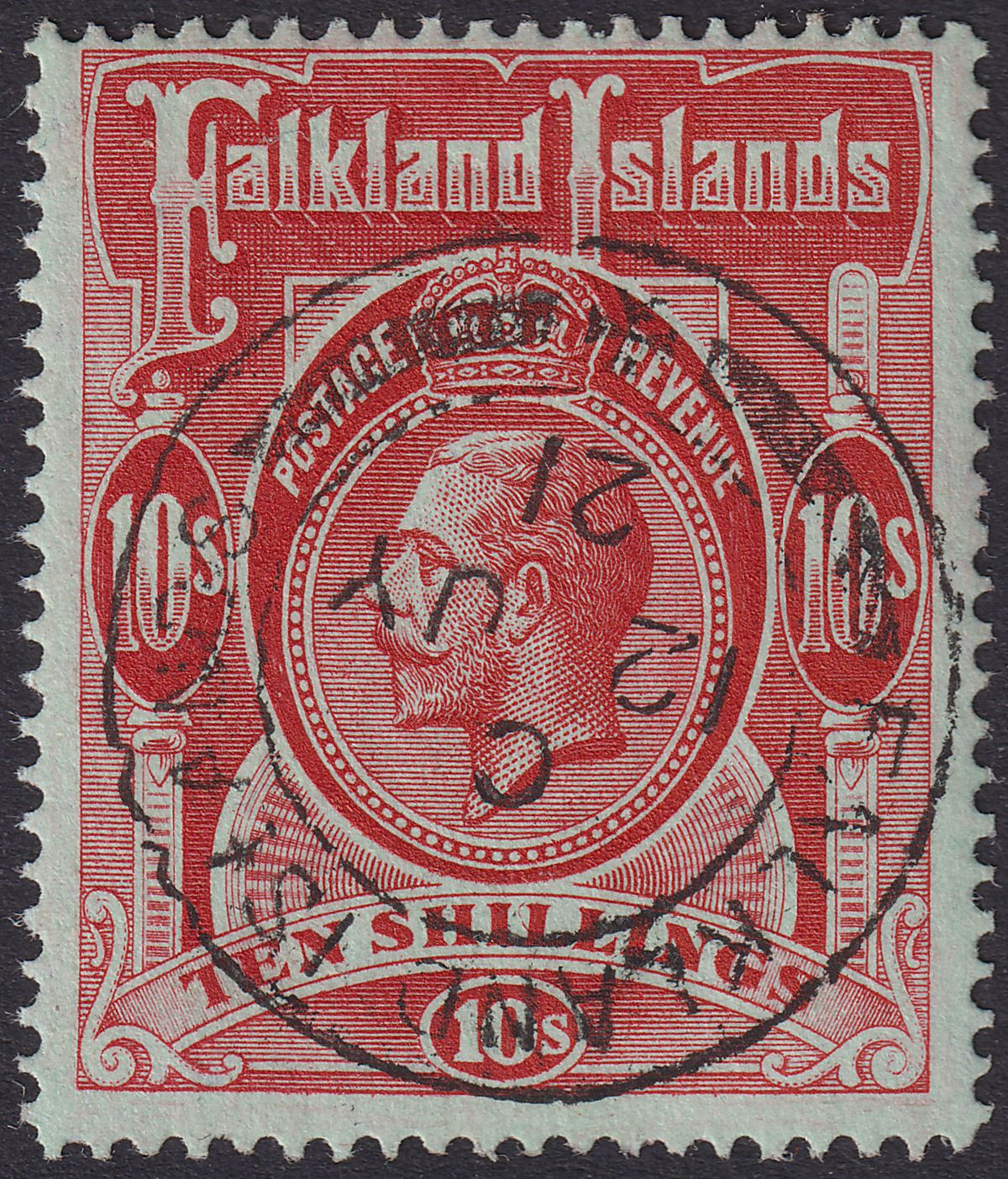 Falkland Islands 1914 KGV 10sh Red on Green Used SG68 cat £300