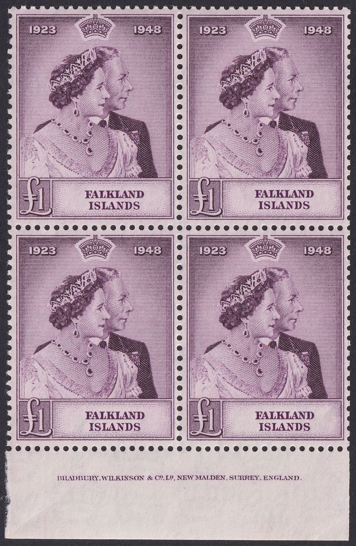 Falkland Islands 1948 KGVI RSW £1 Mauve Imprint Block of 4 Mint SG167 cat £360