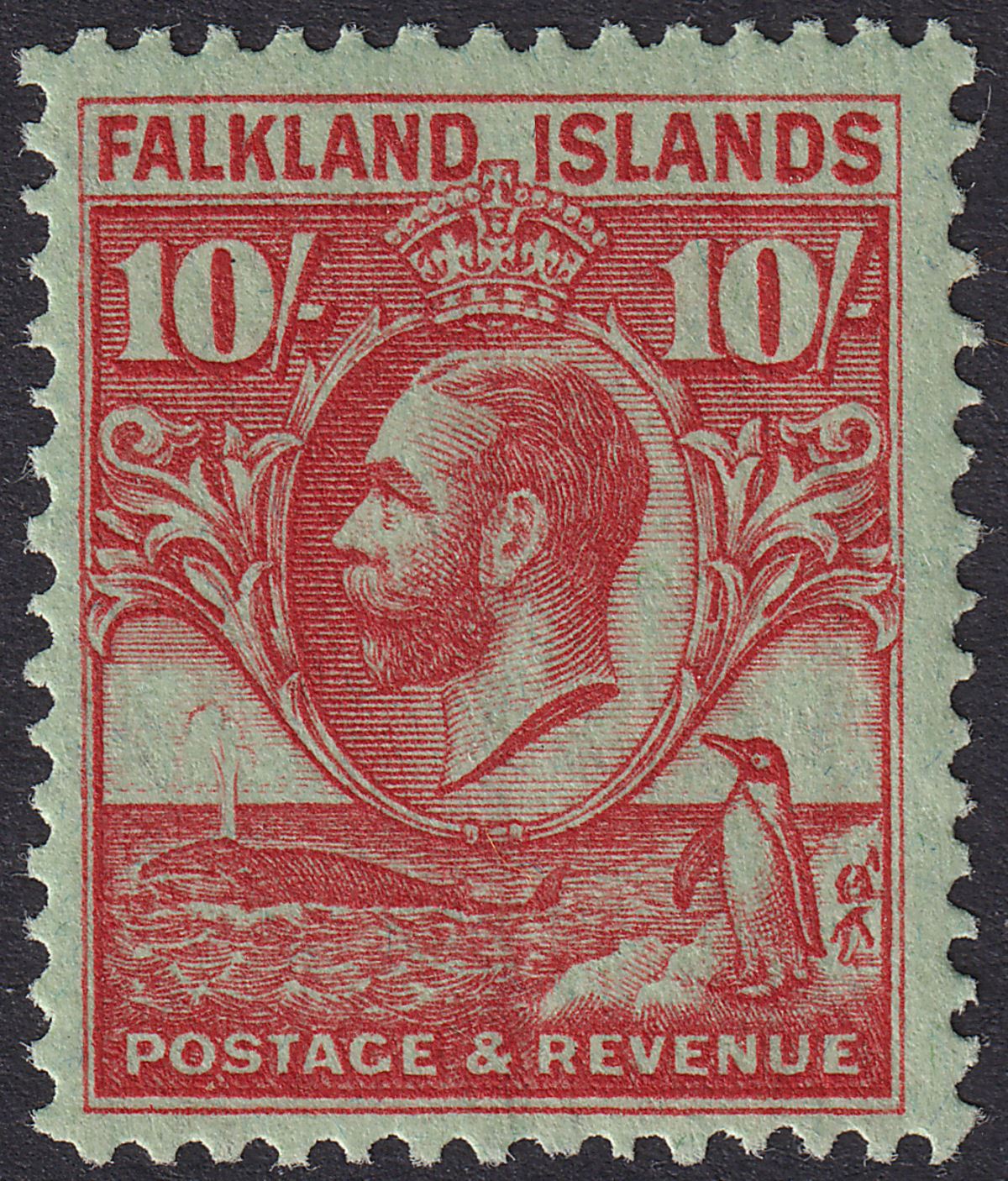 Falkland Islands 1929 KGV Whale Penguins 10sh Carmine on Em Mint SG125 cat £250