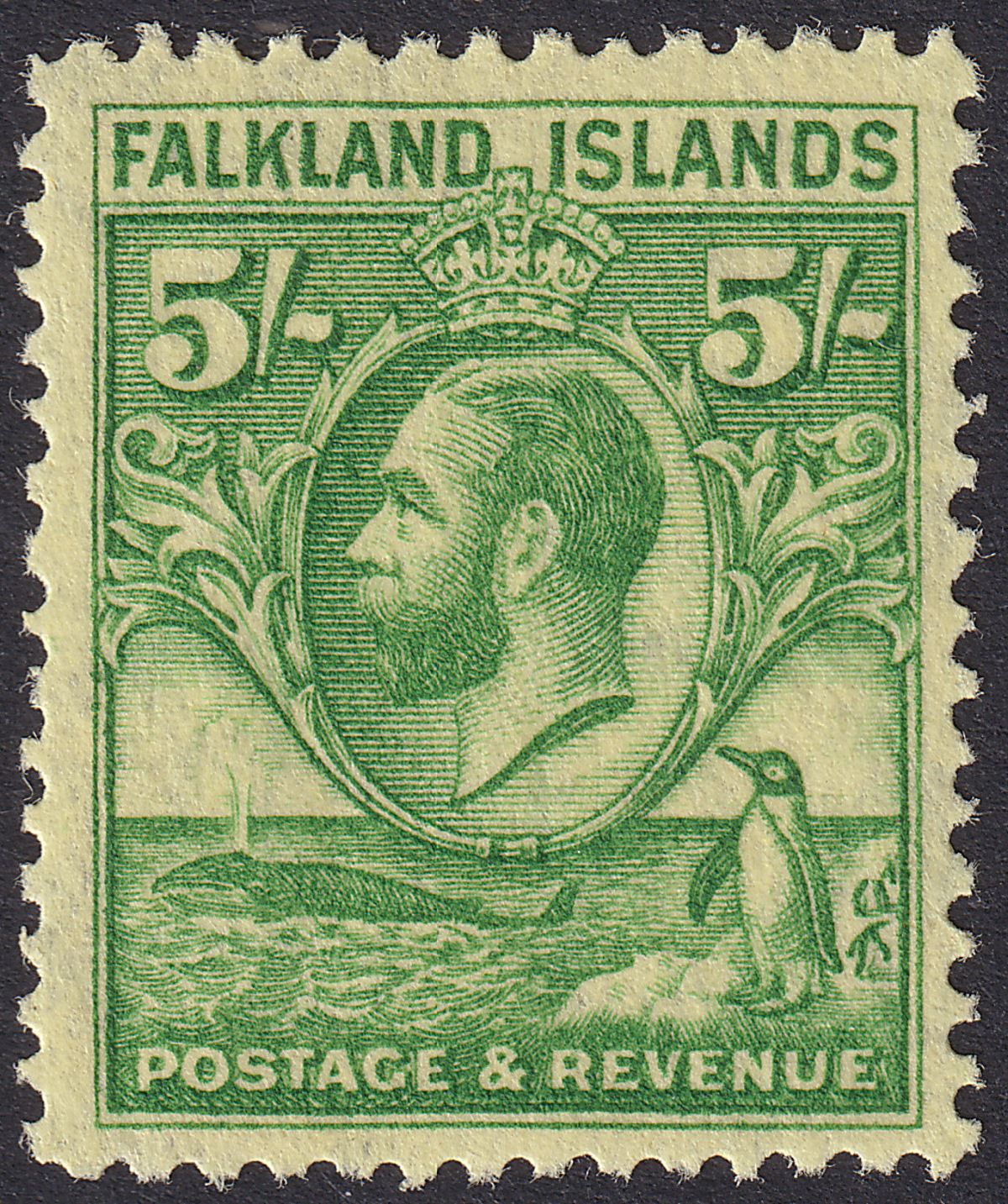 Falkland Islands 1929 KGV Whale + Penguins 5sh Green on Yellow Mint SG124 c£100