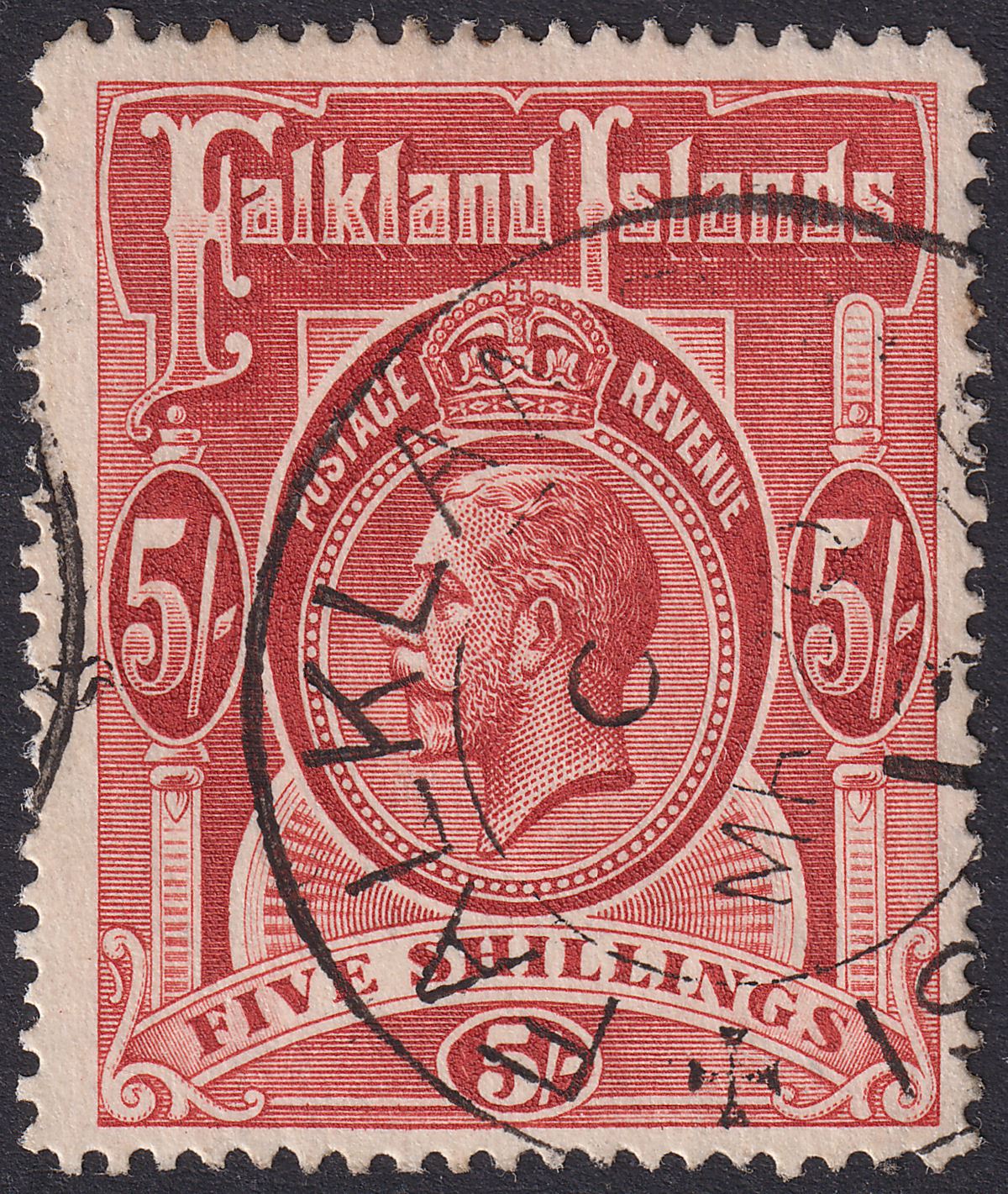 Falkland Islands 1912 KGV 5sh Deep Rose-Red Used SG67 cat £120