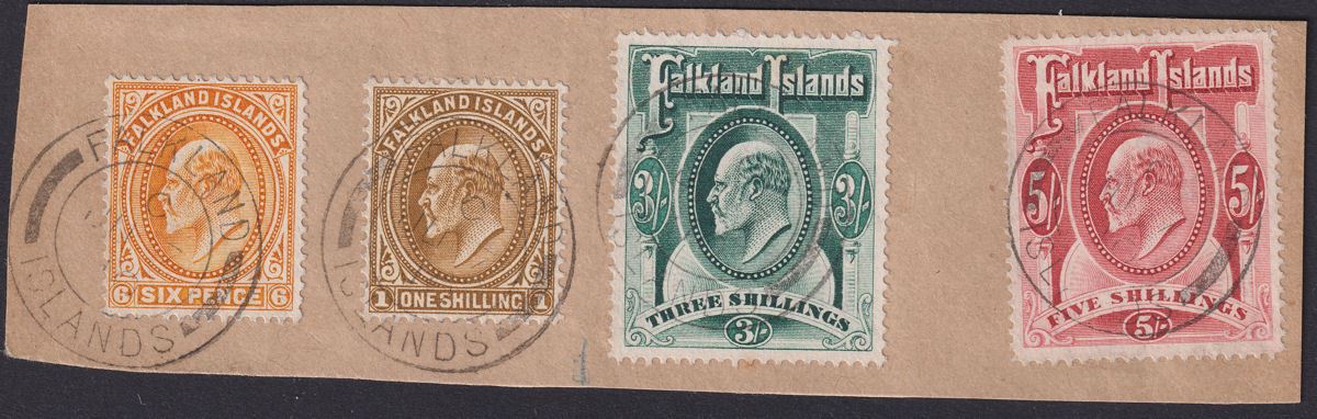 Falkland Islands 1910 KEVII 5sh 3sh 1sh 6d Used on Piece inc SG50 cat £400+
