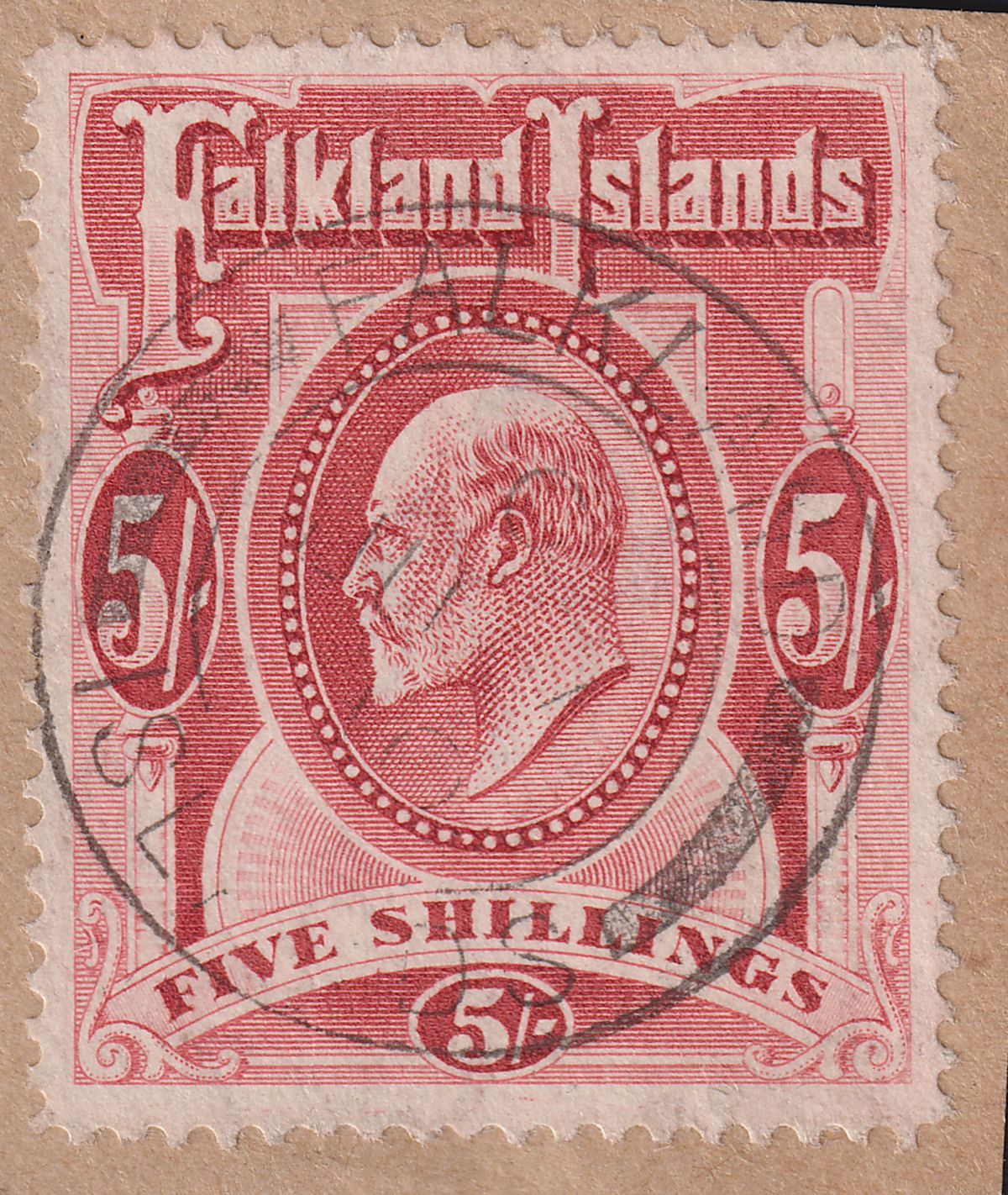 Falkland Islands 1910 KEVII 5sh 3sh 1sh 6d Used on Piece inc SG50 cat £400+