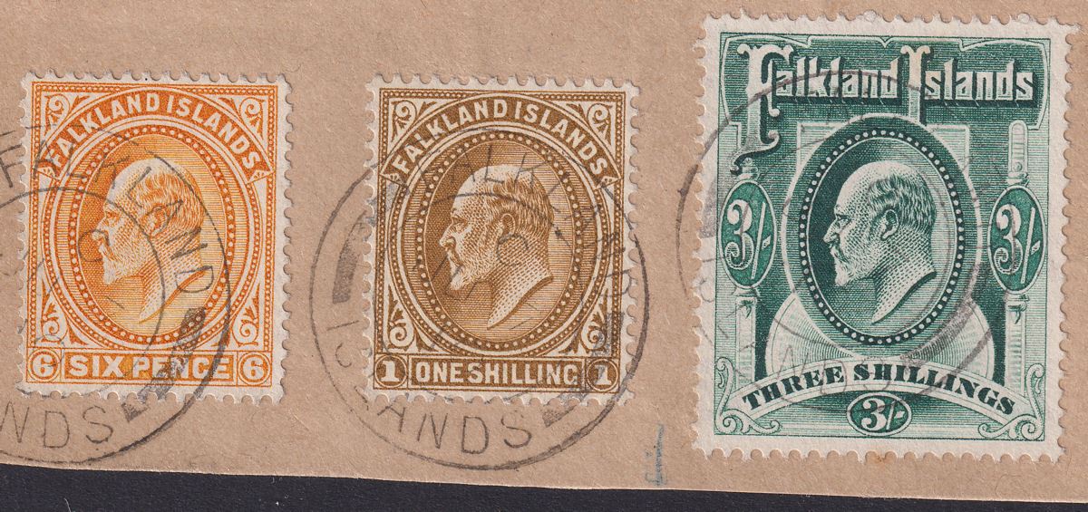 Falkland Islands 1910 KEVII 5sh 3sh 1sh 6d Used on Piece inc SG50 cat £400+