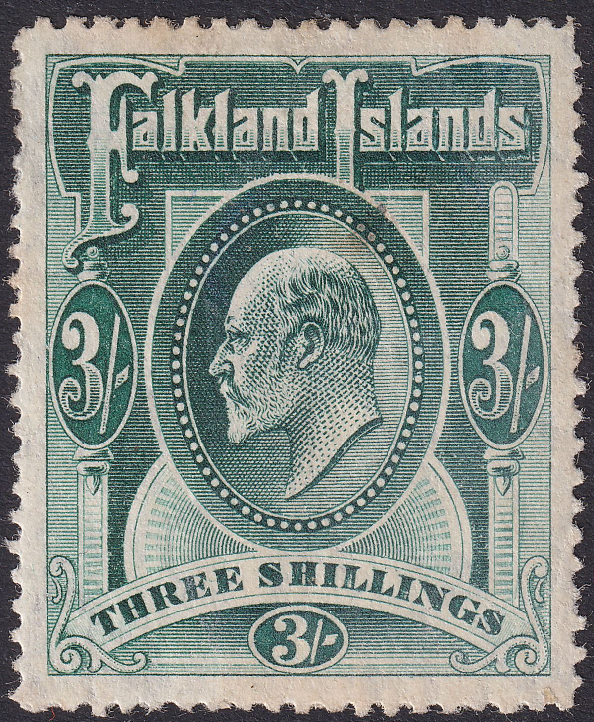 Falkland Islands 1907 KEVII 3sh Deep Green Mint SG49b cat £160 FAULTS