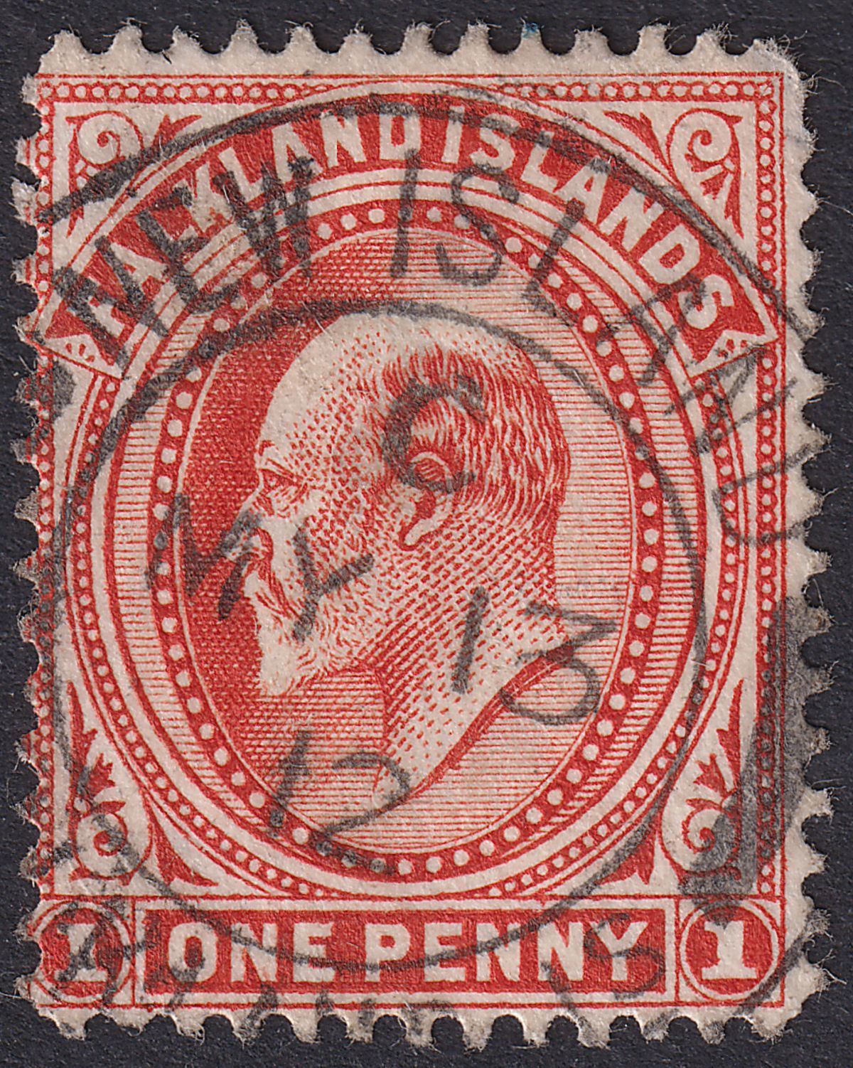 Falkland Islands 1912 KEVII 1d Vermilion Used with NEW ISLAND code C Postmark