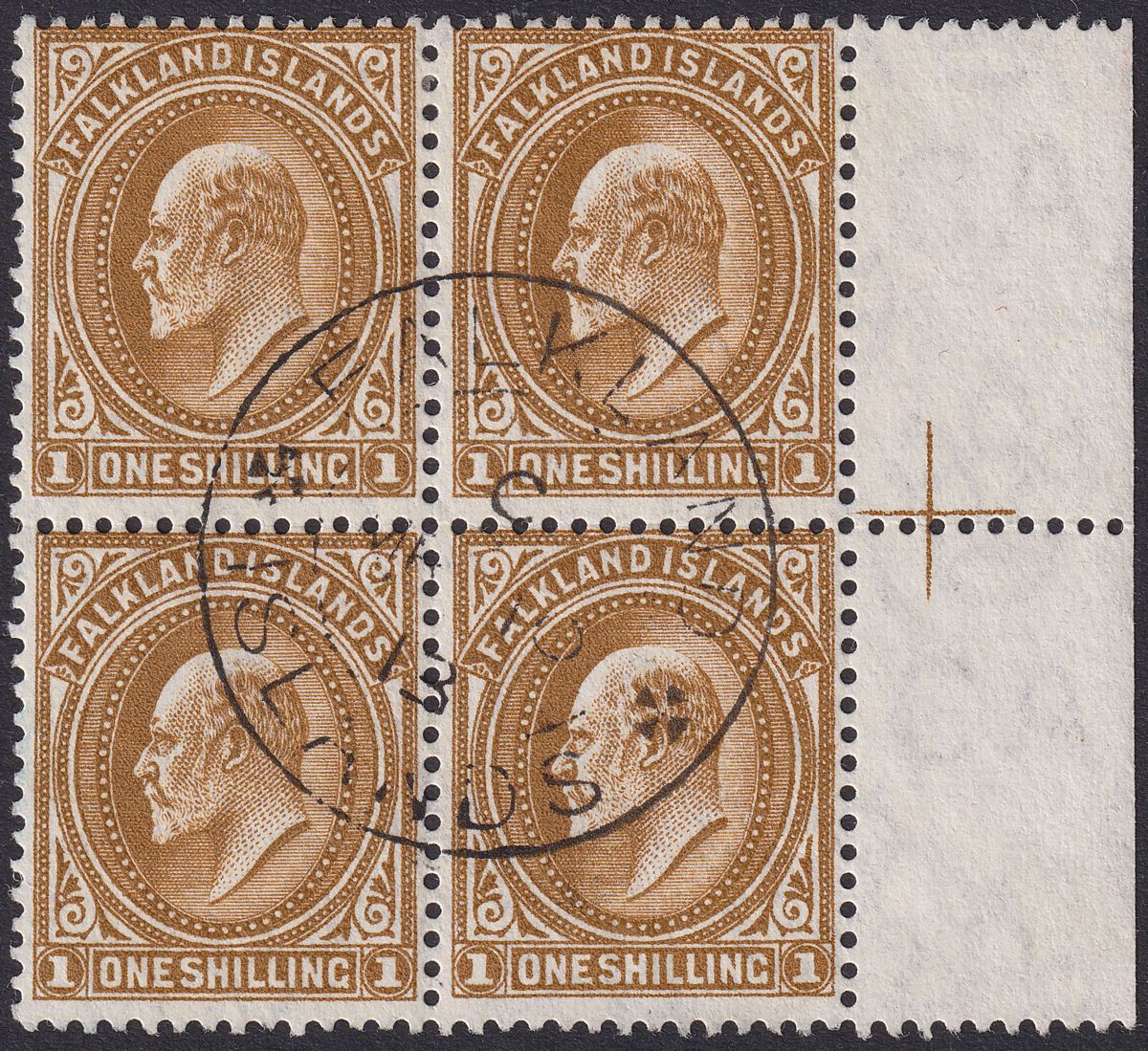 Falkland Islands 1904 KEVII 1sh Brown Marginal Block of 4 Used SG48 cat £160