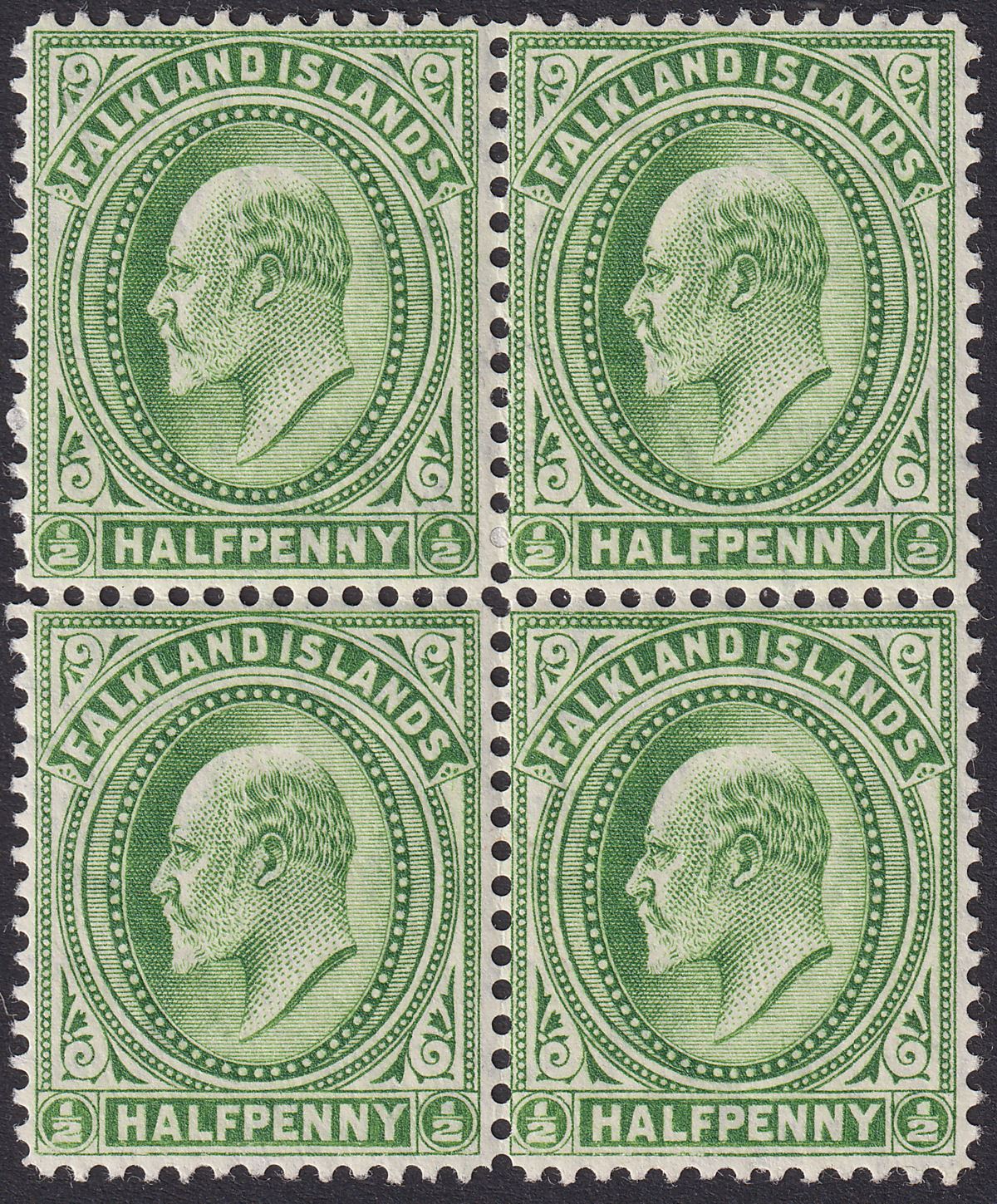 Falkland Islands 1911 KEVII ½d Deep Yellow-Green Block of 4 Mint SG43c cat £68