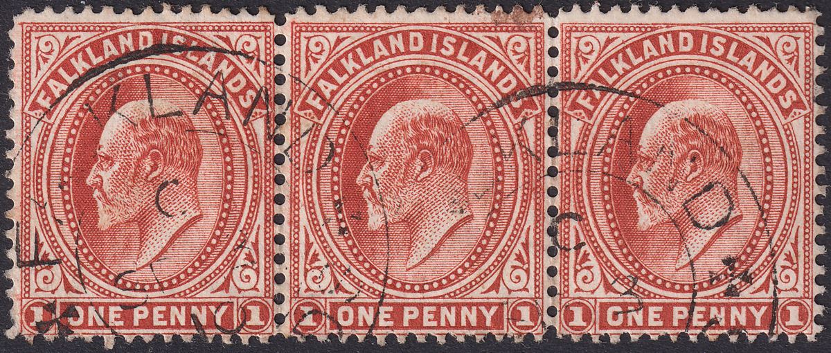 Falkland Islands 1908 KEVII 1d Dull Coppery Red Thick Paper Strip 3 Used SG44d