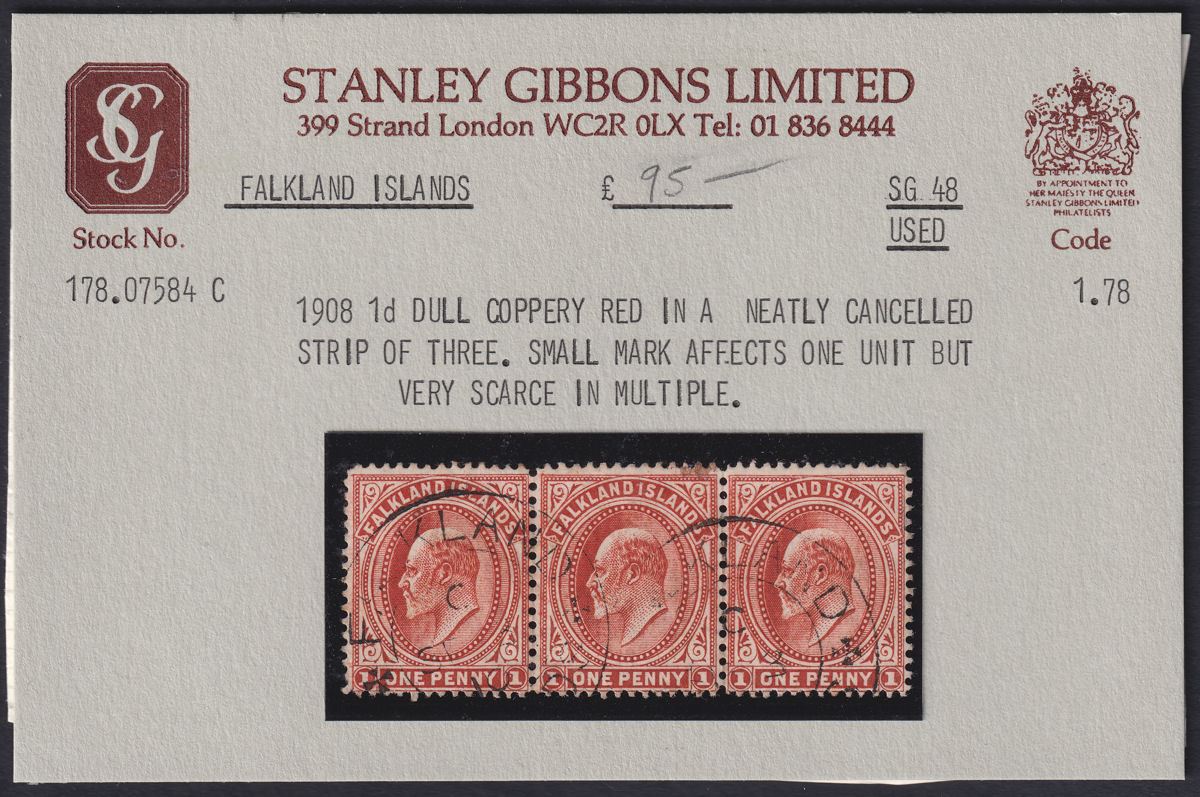 Falkland Islands 1908 KEVII 1d Dull Coppery Red Thick Paper Strip 3 Used SG44d