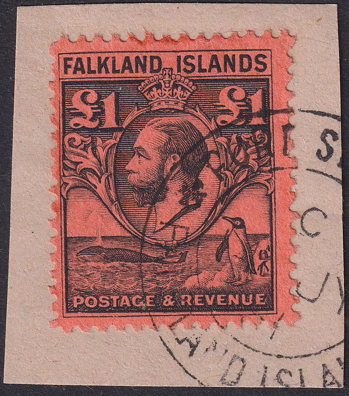 Falkland Islands 1929 KGV Whale Penguins £1 Black on Red Used Piece SG126 c£450