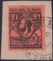 Falkland Islands 1929 KGV Whale Penguins £1 Black on Red Used Piece SG126 c£450