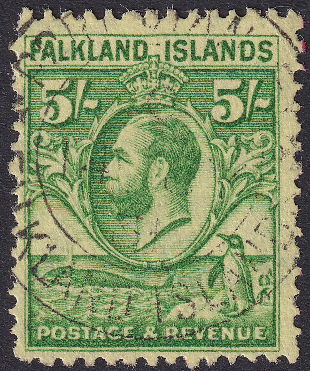 Falkland Islands 1929 KGV Whale Penguins 5sh Green on Yellow Used SG124 cat £120