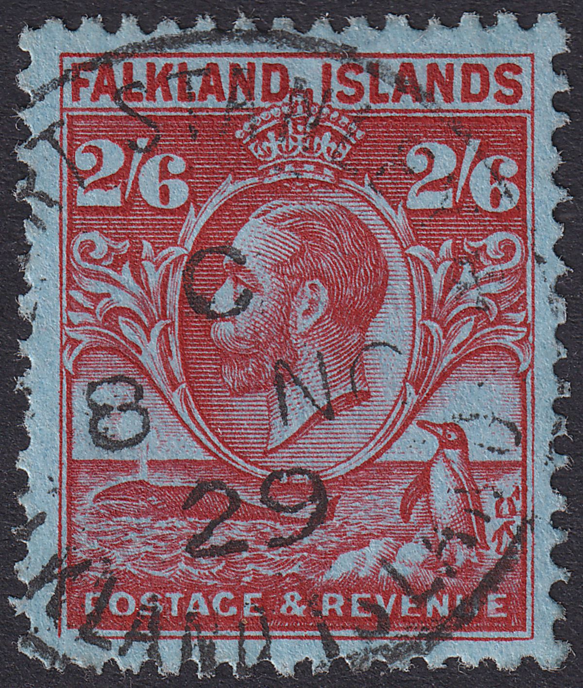 Falkland Islands 1929 KGV Whale Penguins 2sh6d Carmine on Blue Used SG123 cat£75
