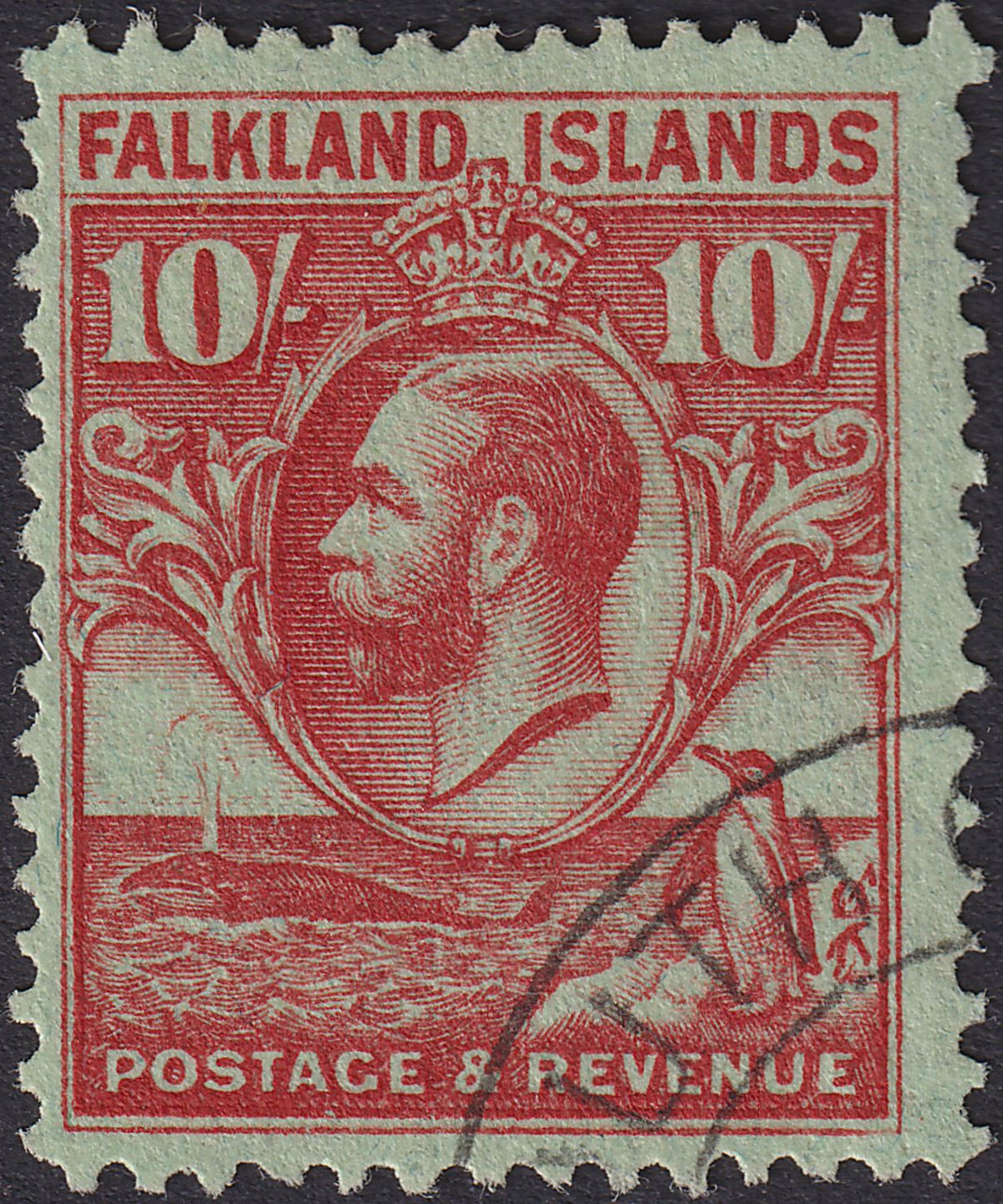 Falkland Islands 1929 Whale Penguin 10sh Used SOUTH GEORGIA Pmk SG Z52 cat £500