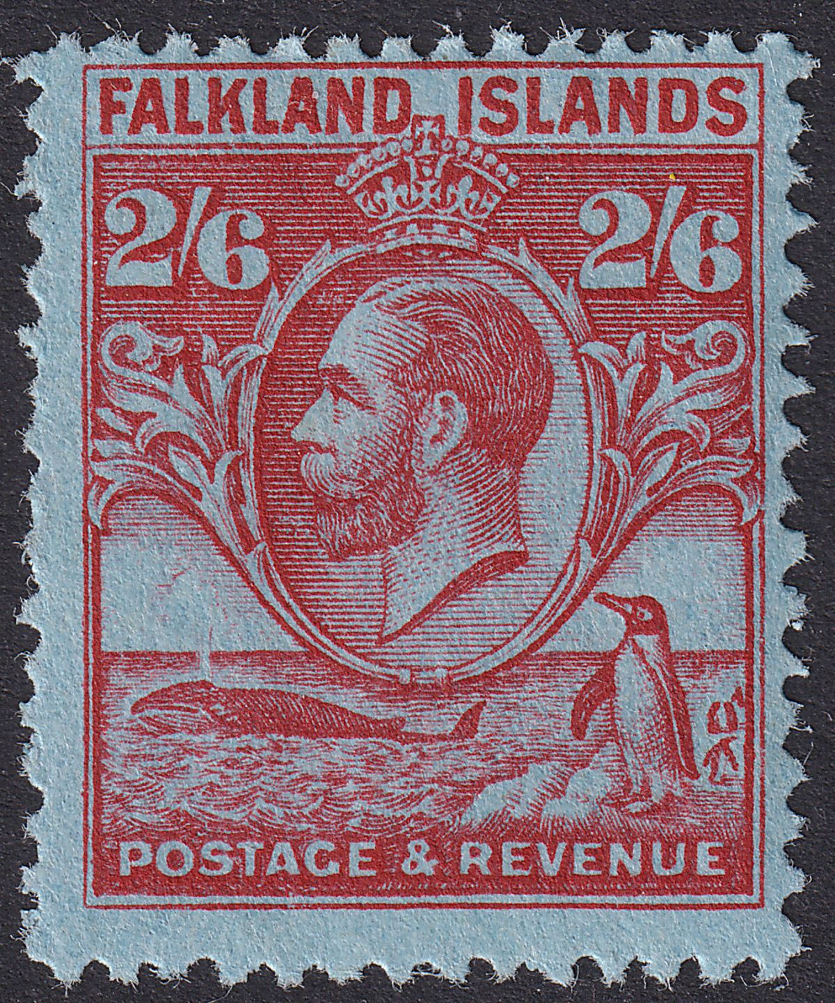 Falkland Islands 1929 KGV Whale Penguins 2sh6d Carm on Blue Mint SG123 c£75 THIN