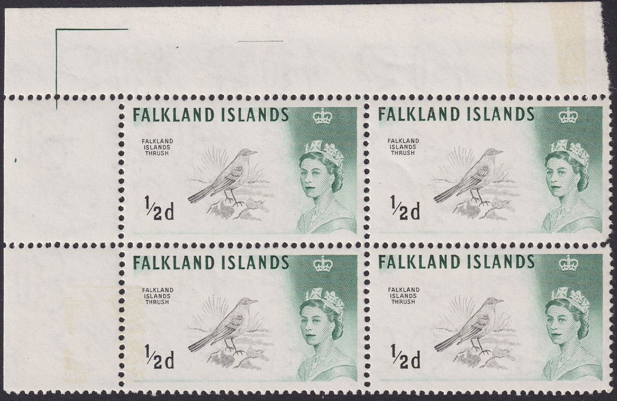 Falkland Islands 1966 QEII Birds ½d Thrush DLR Block with H Flaw Mint SG227b