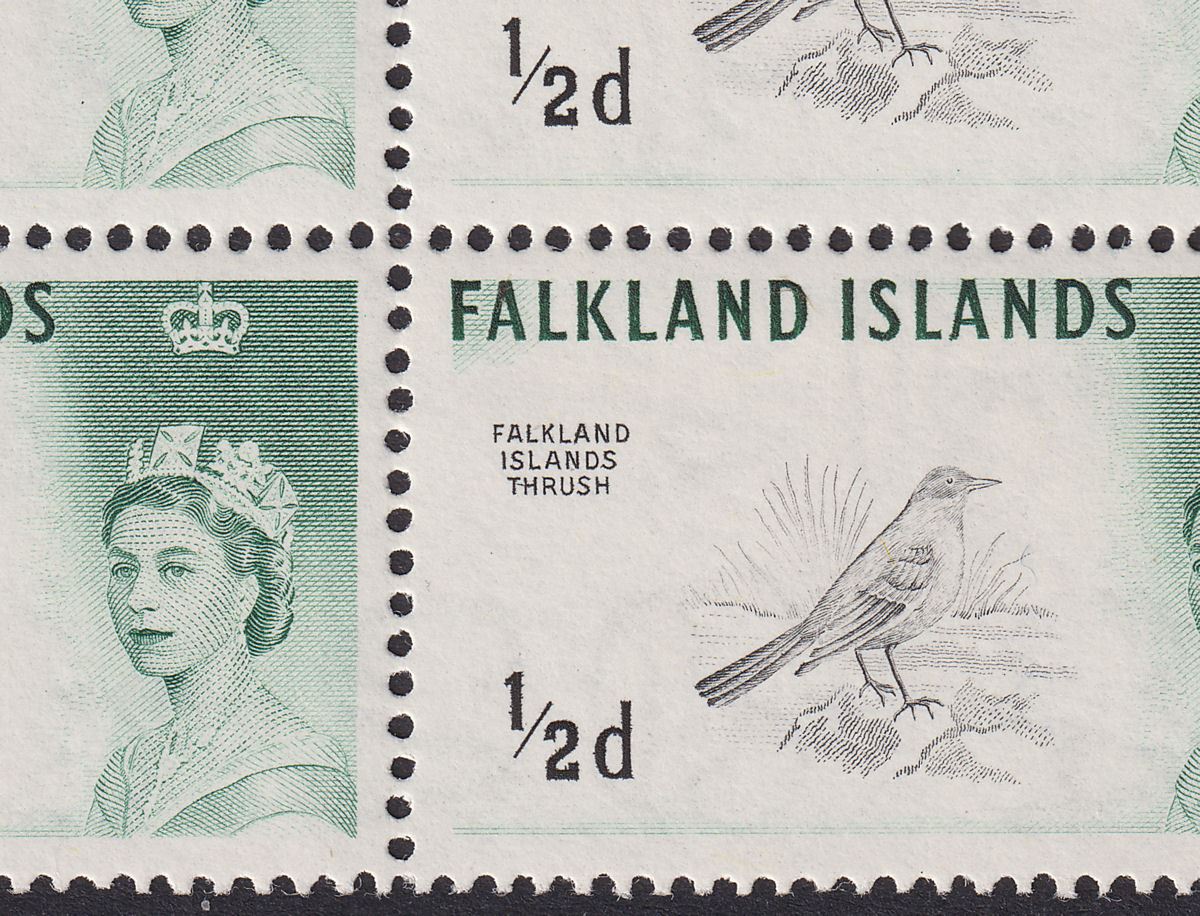 Falkland Islands 1966 QEII Birds ½d Thrush DLR Block with H Flaw Mint SG227b