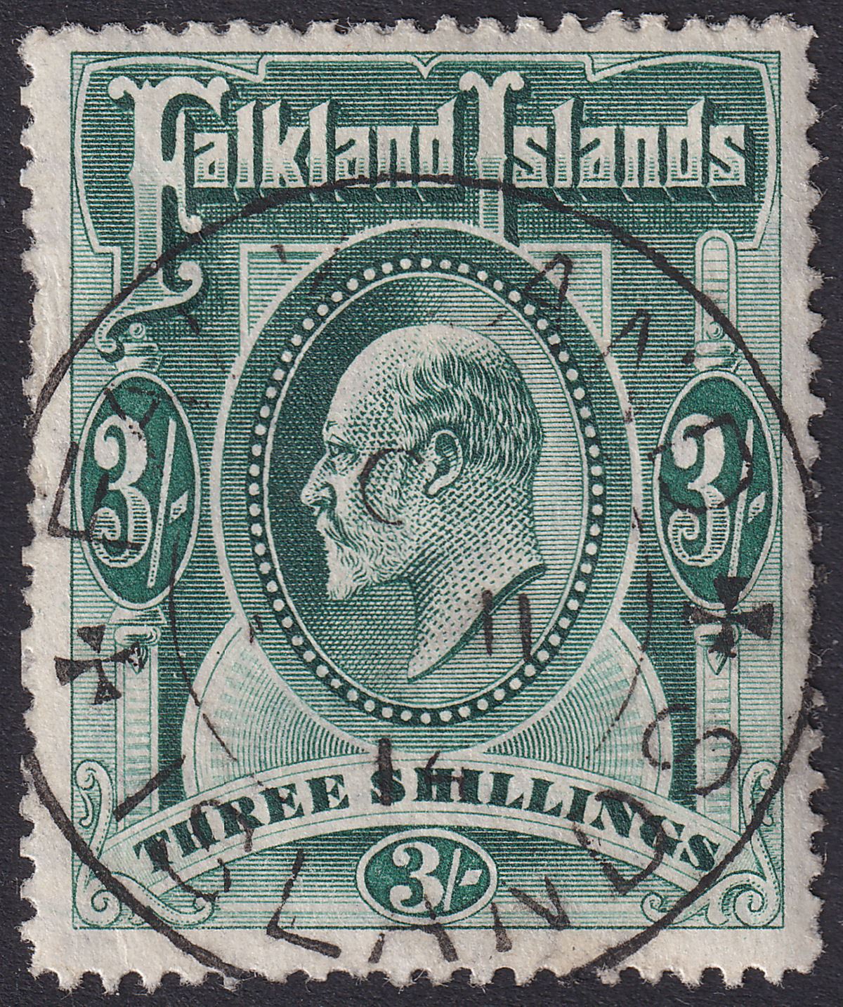Falkland Islands 1907 KEVII 3sh Deep Green Used SG49b cat £160 perf faults