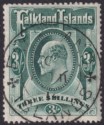Falkland Islands 1907 KEVII 3sh Deep Green Used SG49b cat £160 perf faults