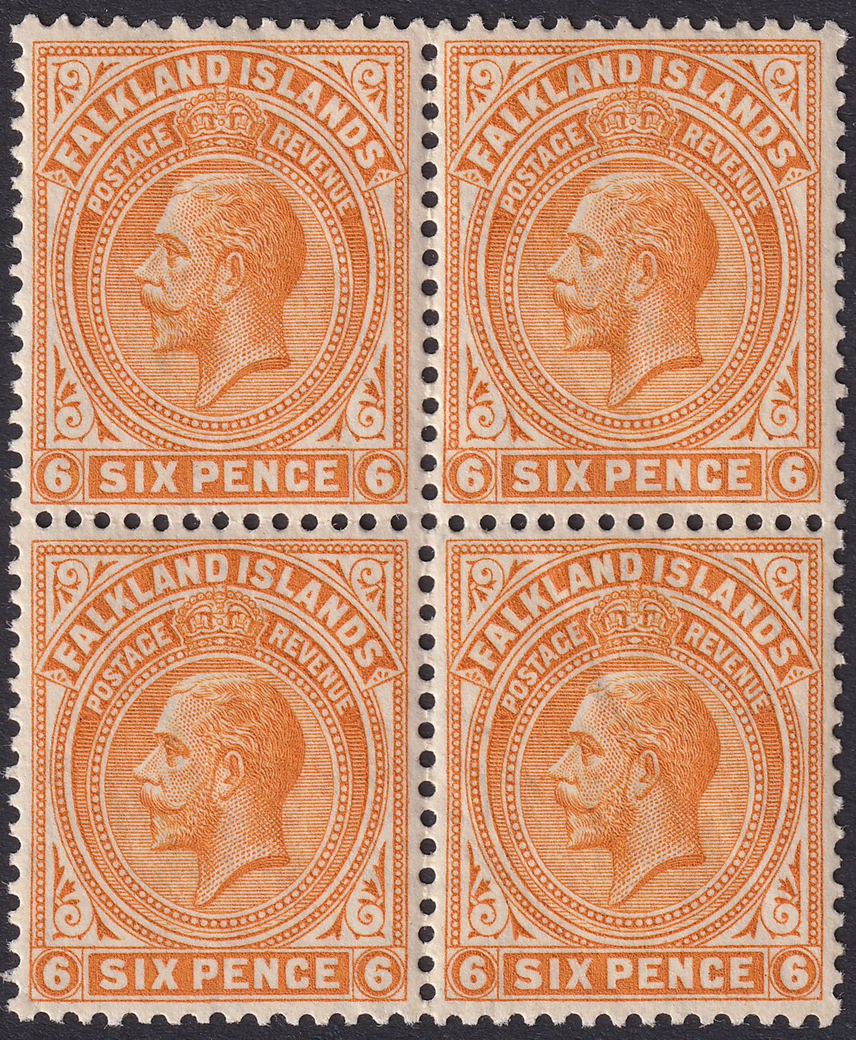 Falkland Islands 1925 KGV 6d Yellow-Orange Block of 4 UM Mint SG78 MNH cat £44