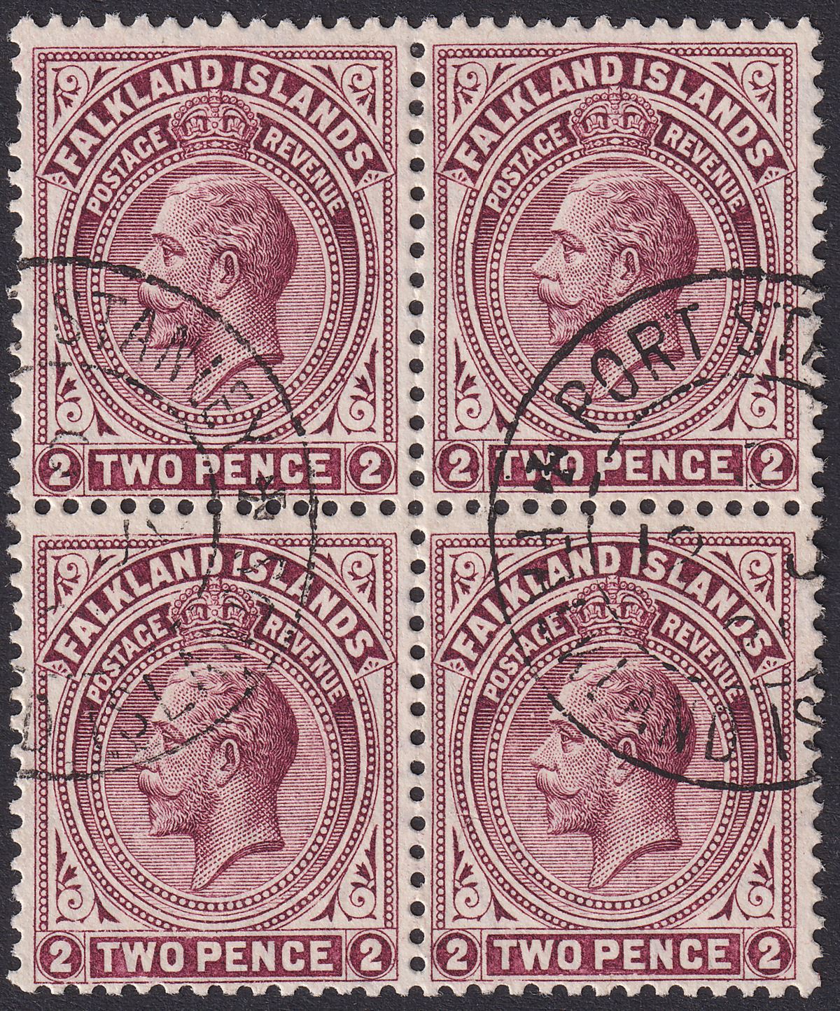 Falkland Islands 1919 KGV 2d Deep Reddish Purple Block of 4 Used SG62c cat £64