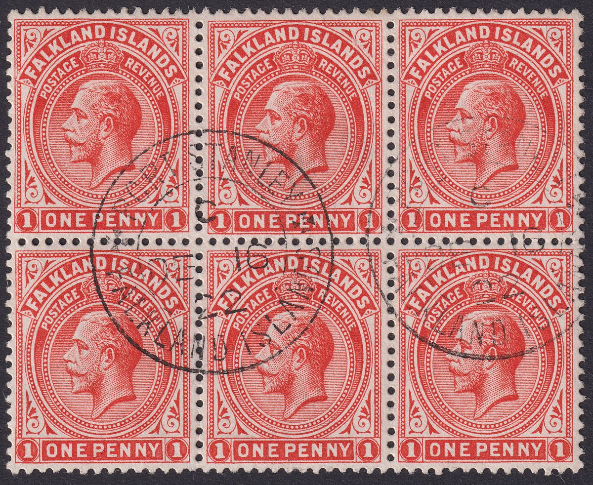 Falkland Islands 1920 KGV 1d Orange-Vermilion Block of 6 Used SG61d