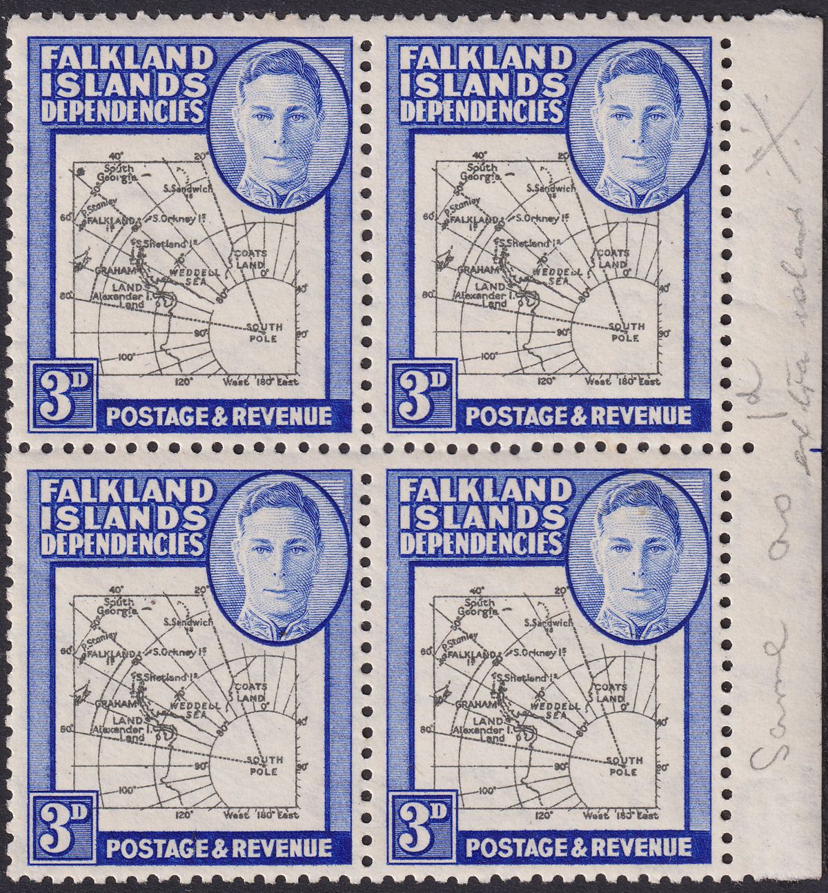 Falkland Islands Dependencies 1946 KGVI 3d Var Extra Island Mint SG G4aa c £225