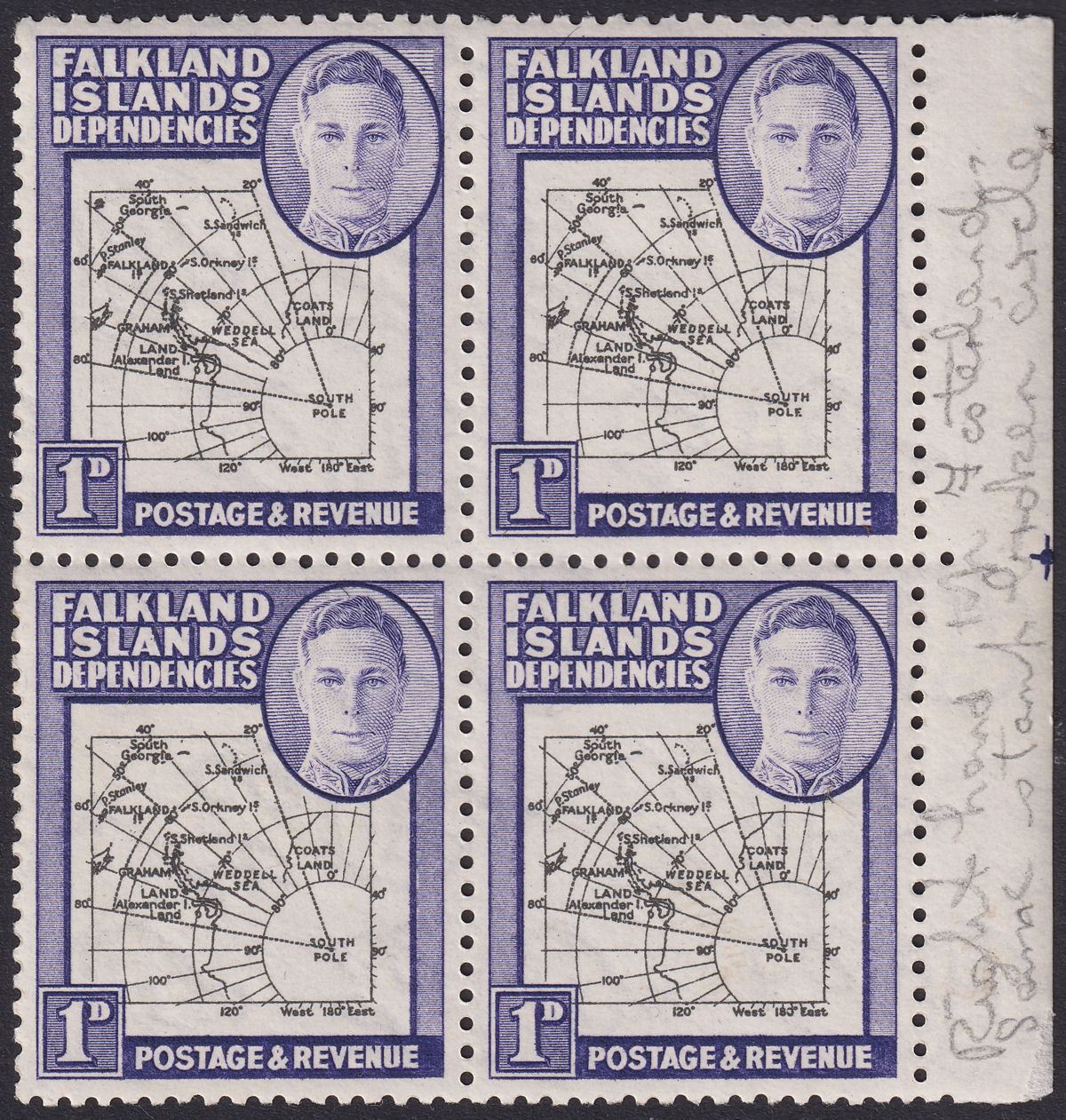 Falkland Islands Dependencies 1946 KGVI 1d Var Extra Island Mint SG G2aa c £170