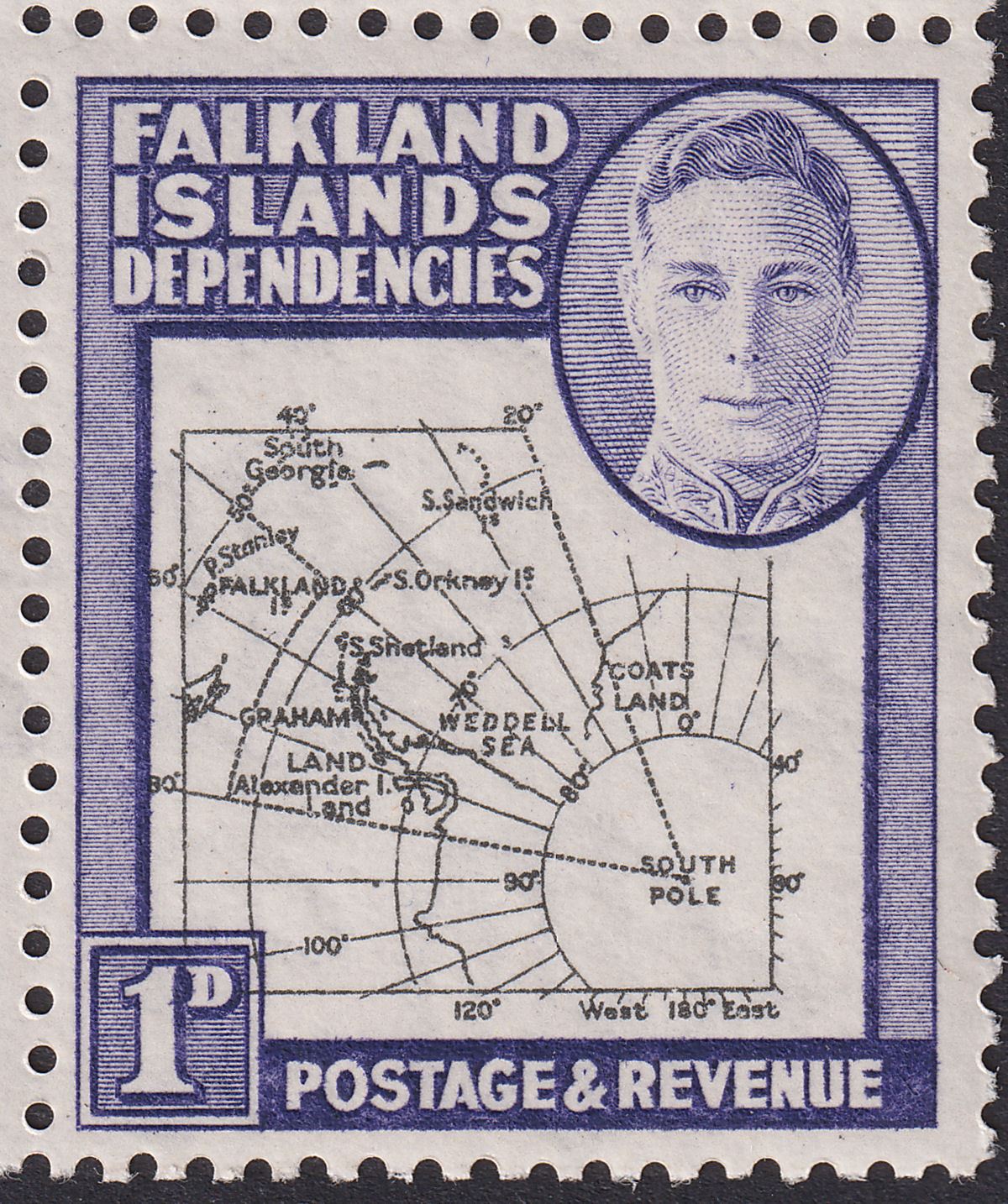 Falkland Islands Dependencies 1946 KGVI 1d Variety Missing I Mint SG G2b cat£170