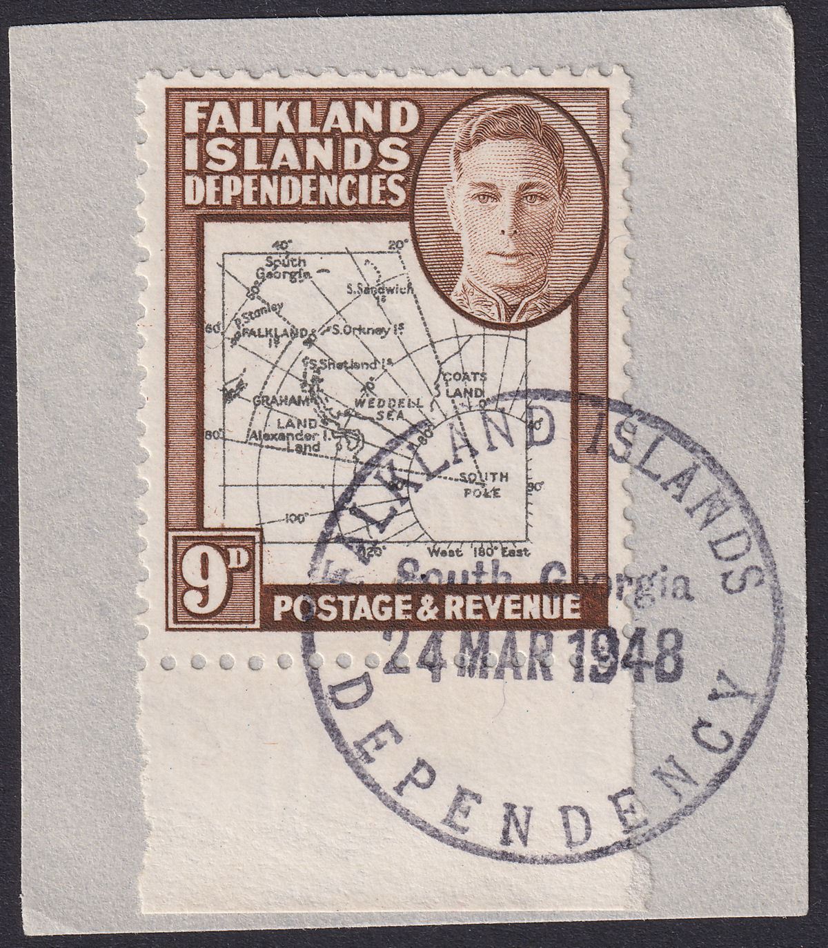 Falkland Islands Dependencies 1946 KGVI 9d SOUTH POKE Variety Used SG G7c c£275