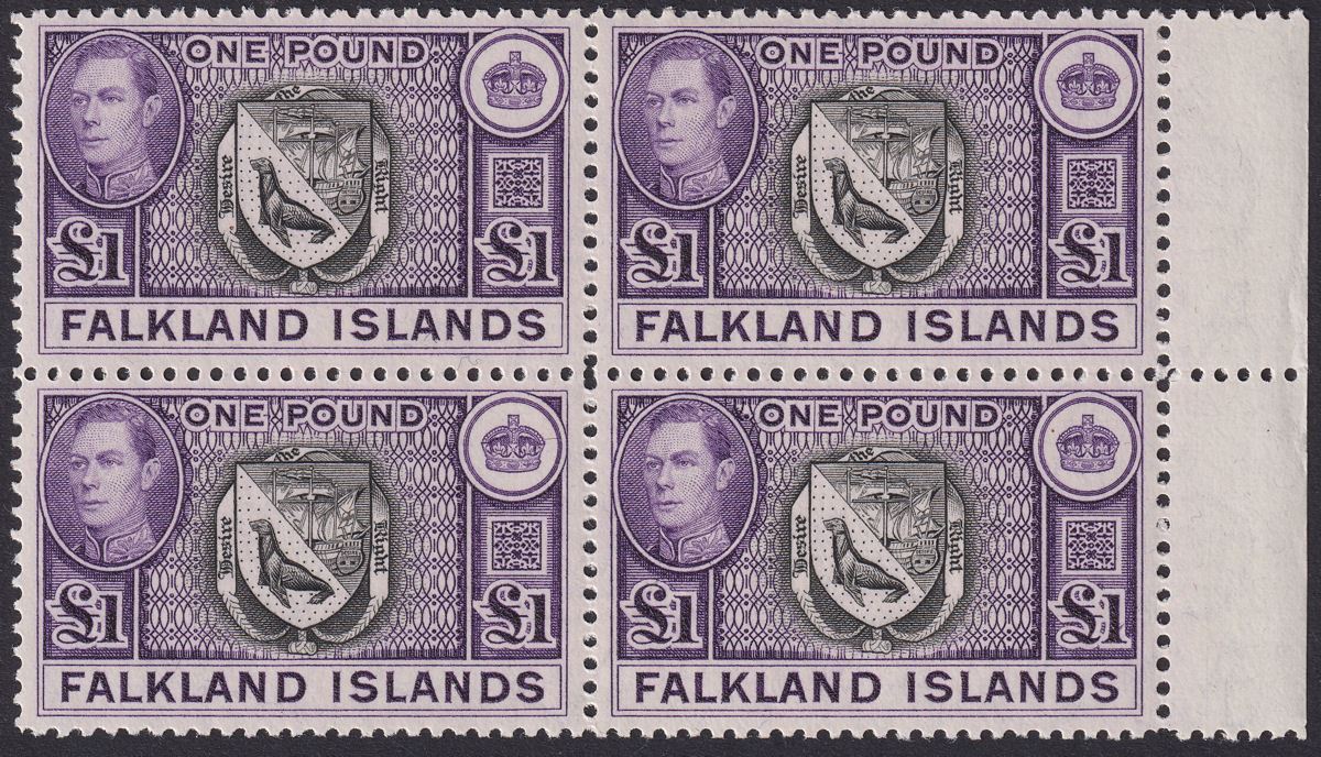 Falkland Islands 1944 KGVI £1 Black + Violet Margin Block of 4 Mint SG163 c£600
